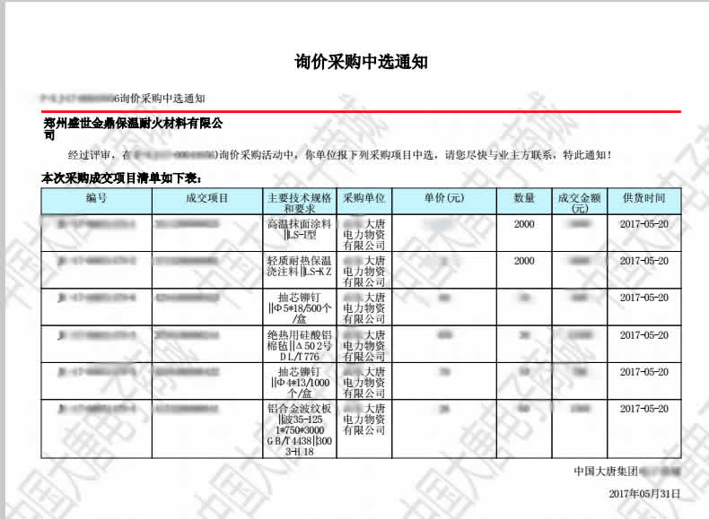 盛世金鼎中標(biāo)大唐集團(tuán)澆注料項目